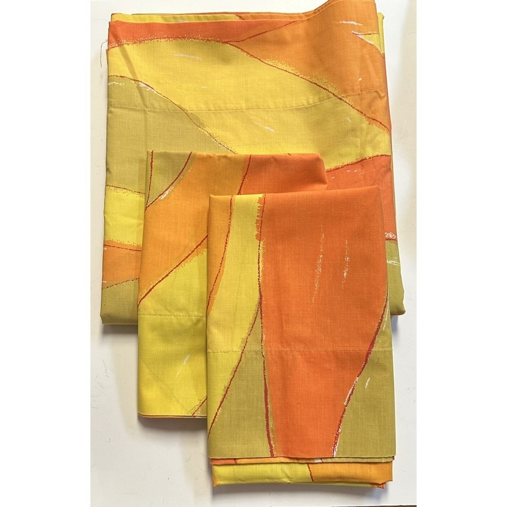 Vtg Vera Neumann 3 Pc Full Flat Sheet & 2 Pillowcases Retro Orange Yellow Green